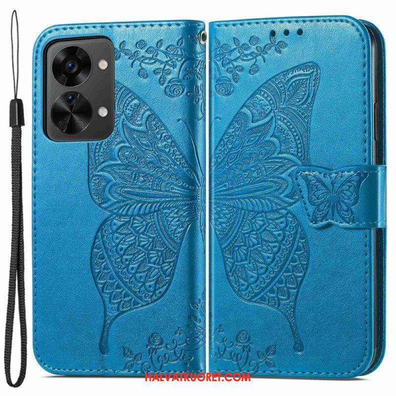 Flip Case OnePlus Nord 2T 5G Suojaketju Kuori Butterfly Lanyard -korttikotelo