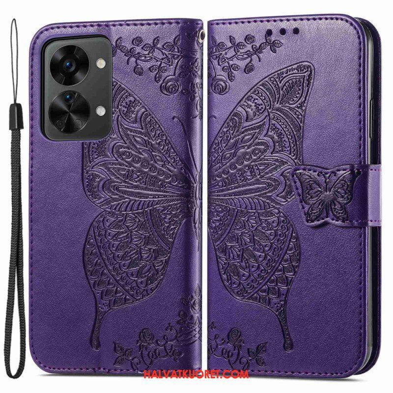 Flip Case OnePlus Nord 2T 5G Suojaketju Kuori Butterfly Lanyard -korttikotelo