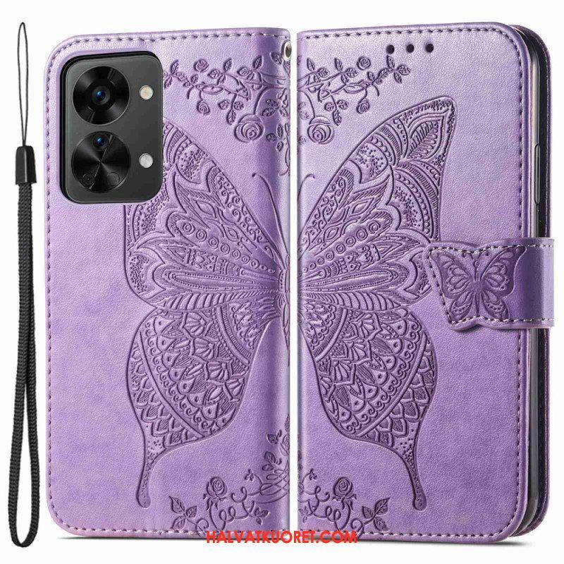 Flip Case OnePlus Nord 2T 5G Suojaketju Kuori Butterfly Lanyard -korttikotelo