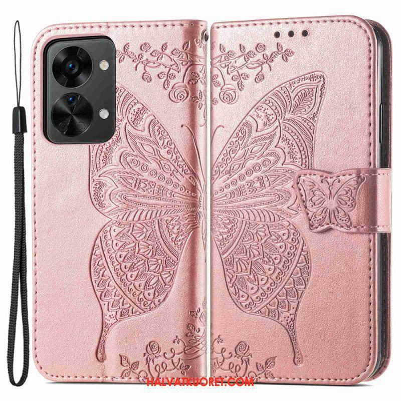 Flip Case OnePlus Nord 2T 5G Suojaketju Kuori Butterfly Lanyard -korttikotelo