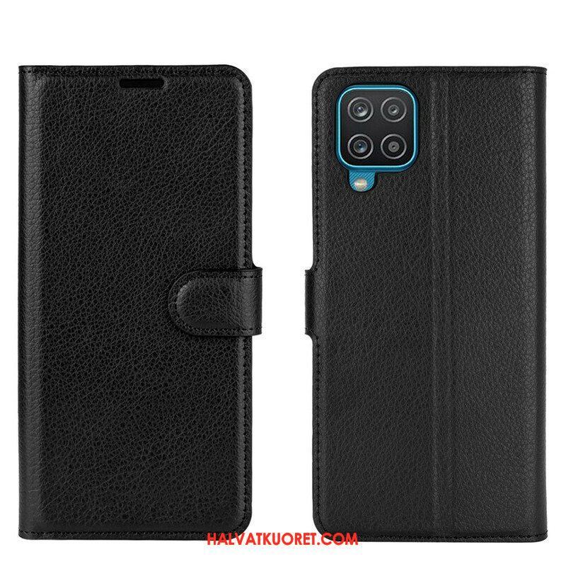 Flip Case Samsung Galaxy M12 / A12 Klassinen Litsi Tekonahka