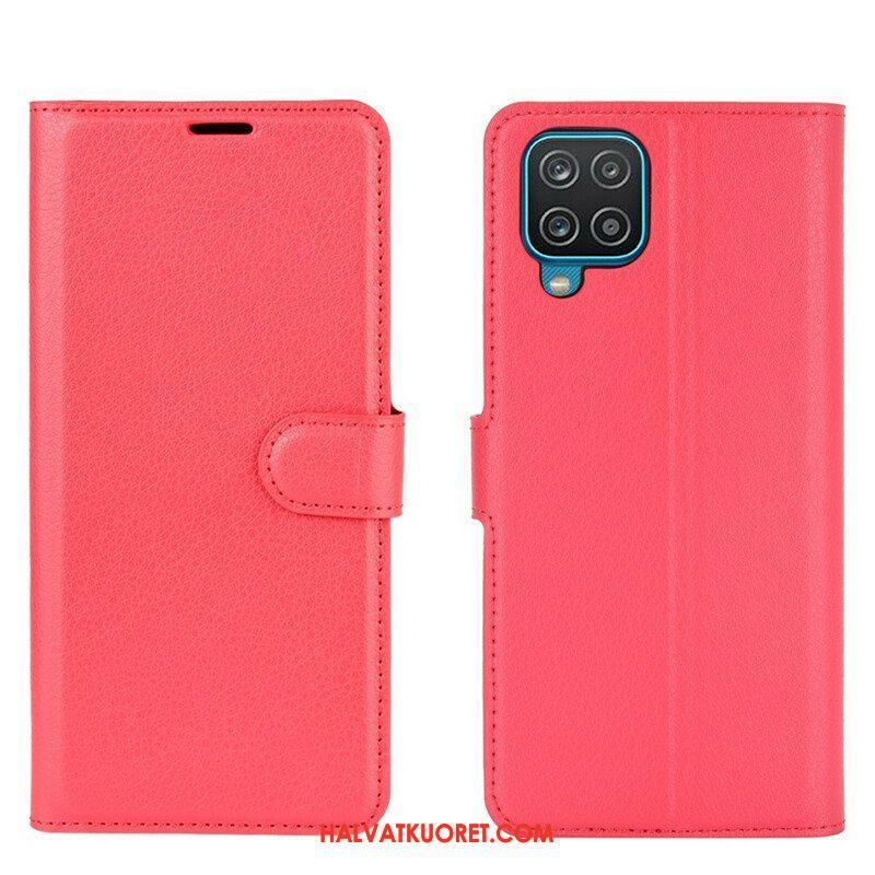 Flip Case Samsung Galaxy M12 / A12 Klassinen Litsi Tekonahka