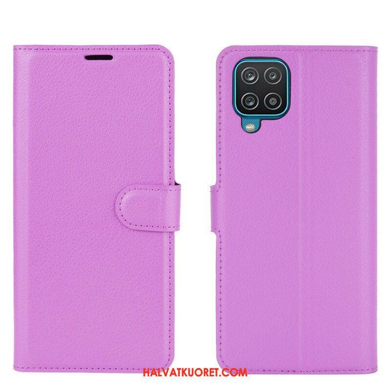 Flip Case Samsung Galaxy M12 / A12 Klassinen Litsi Tekonahka