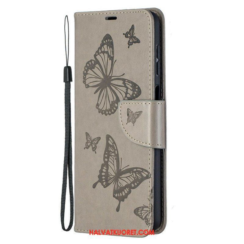 Flip Case Samsung Galaxy M12 / A12 Perhosia Lennossa Lanyardin Kanssa