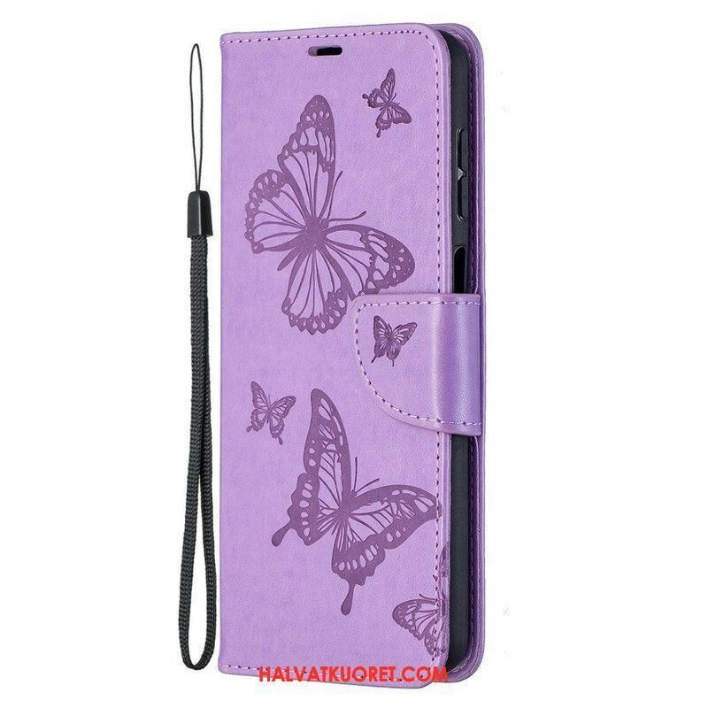 Flip Case Samsung Galaxy M12 / A12 Perhosia Lennossa Lanyardin Kanssa