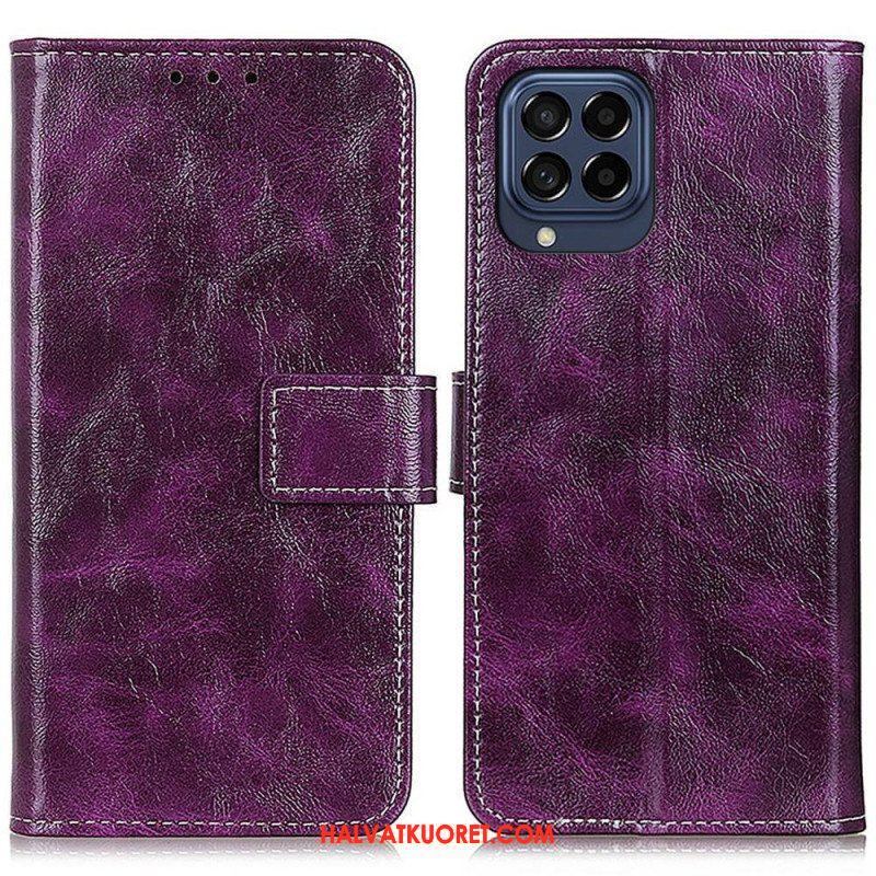 Flip Case Samsung Galaxy M53 5G Kiiltävä Keinonahka Ja Tikkaukset