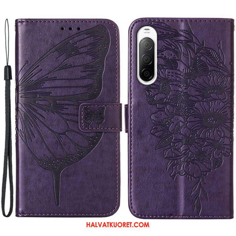 Flip Case Sony Xperia 10 IV Perhonen Kaulanauhalla
