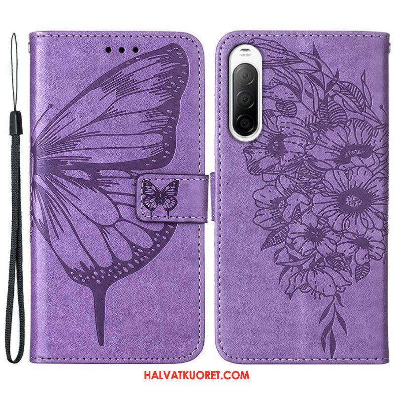 Flip Case Sony Xperia 10 IV Perhonen Kaulanauhalla