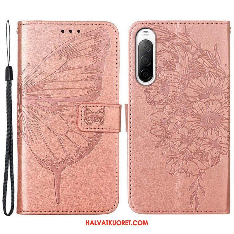 Flip Case Sony Xperia 10 IV Perhonen Kaulanauhalla