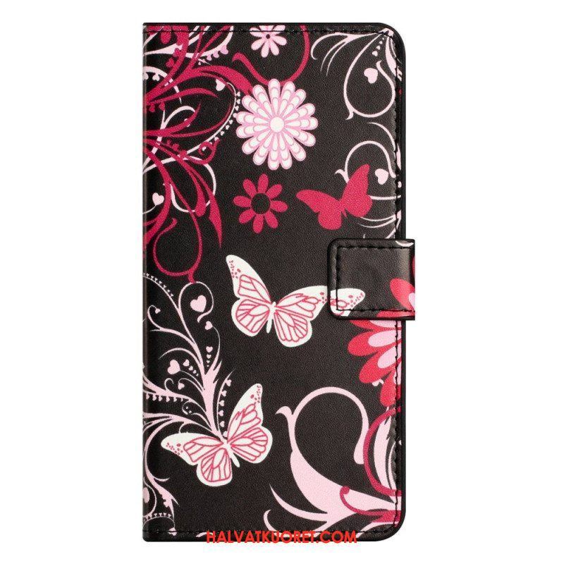 Flip Case iPhone 14 Pro Mustavalkoisia Perhosia