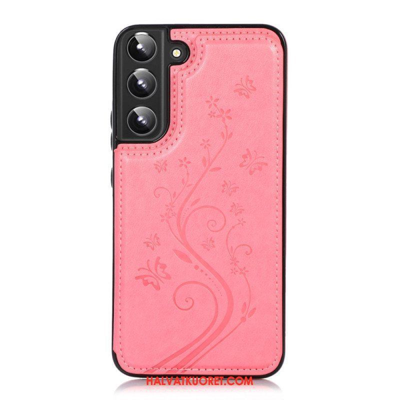 Kuori Samsung Galaxy S22 5G Keinonahkainen Korttipidike Jalusta Kukkia