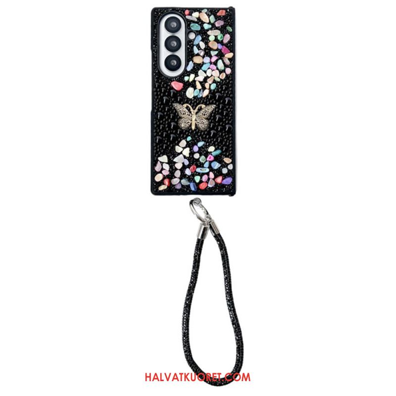 Kuori Samsung Galaxy Z Fold 7 Strassilla Koristeltu Perhonen Hihnalla
