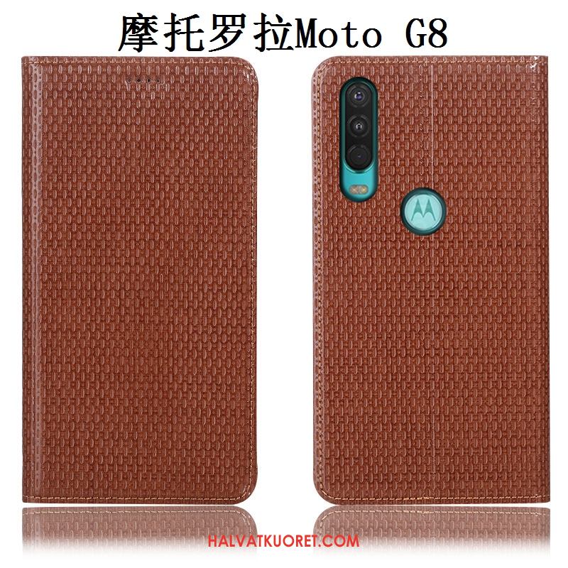 Moto G8 Kuoret All Inclusive Kotelo Aito Nahka, Moto G8 Kuori Puhelimen Braun