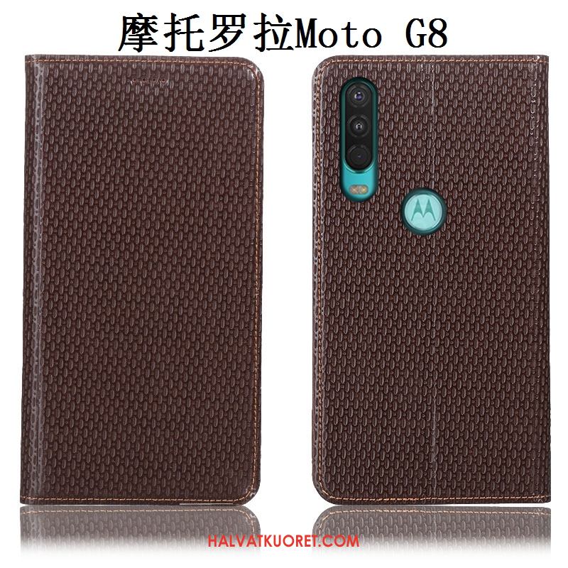 Moto G8 Kuoret All Inclusive Kotelo Aito Nahka, Moto G8 Kuori Puhelimen Braun