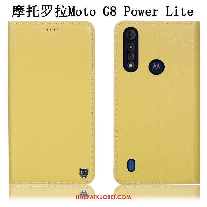 Moto G8 Power Lite Kuoret Aito Nahka Puhelimen Keltainen, Moto G8 Power Lite Kuori Kotelo Murtumaton