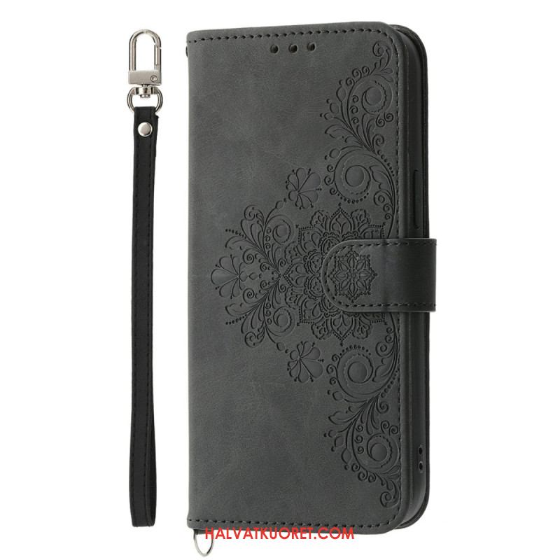 Nahkakotelo Samsung Galaxy S26 Kukallinen Mokkanahkakuvio Hihnoilla