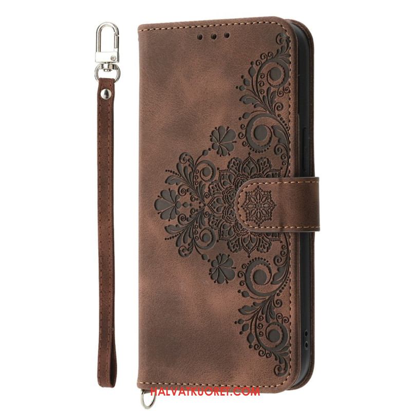 Nahkakotelo Samsung Galaxy S26 Kukallinen Mokkanahkakuvio Hihnoilla