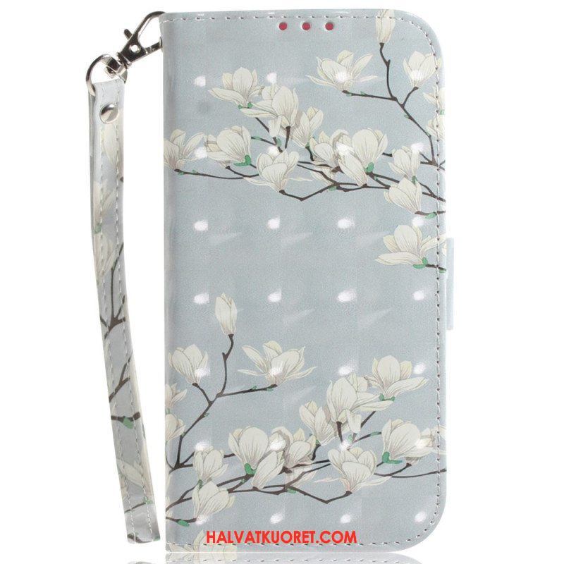 Nahkakotelo iPhone 15 Plus Suojaketju Kuori Valkoisia Kukkia Hihnalla