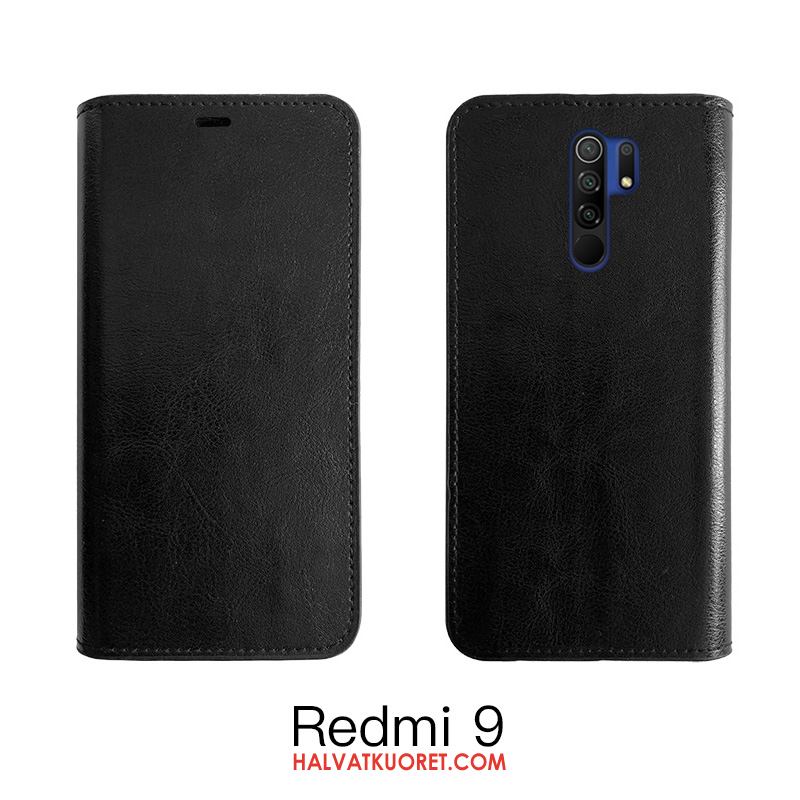 Redmi 9 Kuoret Kotelo Punainen Nahka, Redmi 9 Kuori Viini Punainen Lehmä Beige