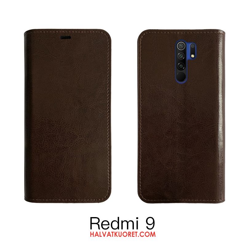 Redmi 9 Kuoret Kotelo Punainen Nahka, Redmi 9 Kuori Viini Punainen Lehmä Beige