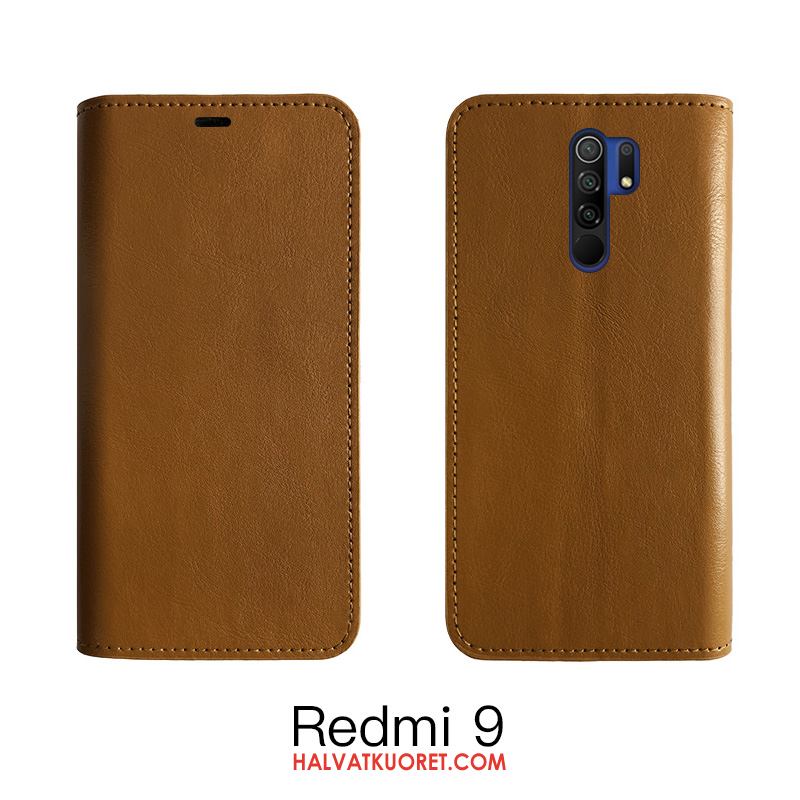 Redmi 9 Kuoret Kotelo Punainen Nahka, Redmi 9 Kuori Viini Punainen Lehmä Beige