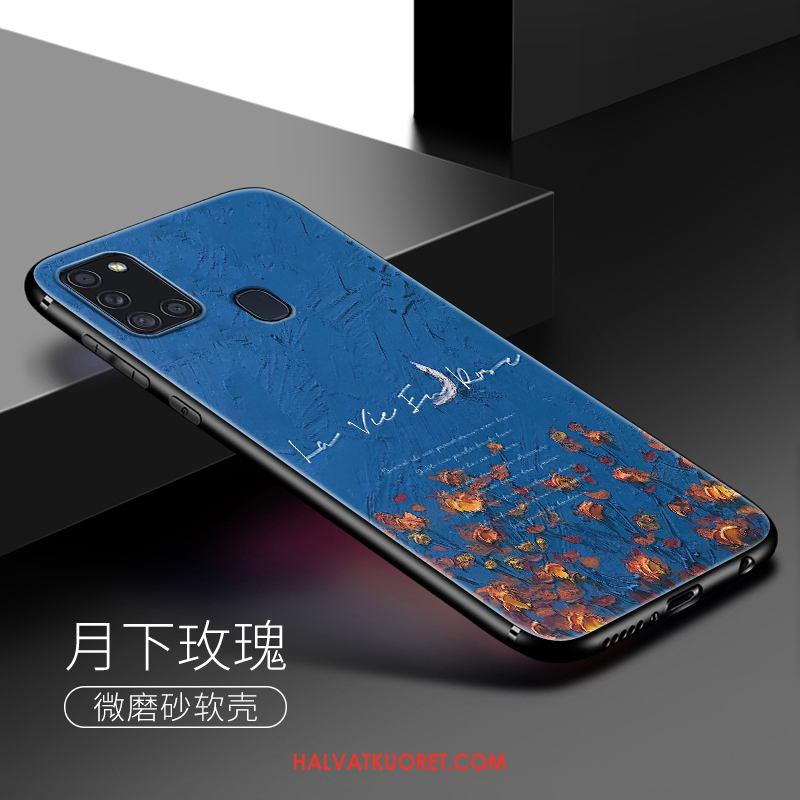 Samsung Galaxy A21s Kuoret Kukkia Monivärinen Pesty Suede, Samsung Galaxy A21s Kuori Sininen Puhelimen