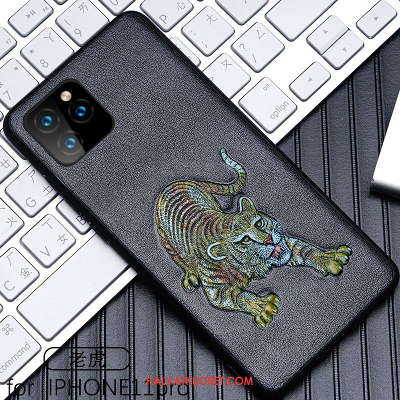 iPhone 11 Pro Kuoret Nahkakotelo Ylellisyys Musta, iPhone 11 Pro Kuori Kohokuviointi