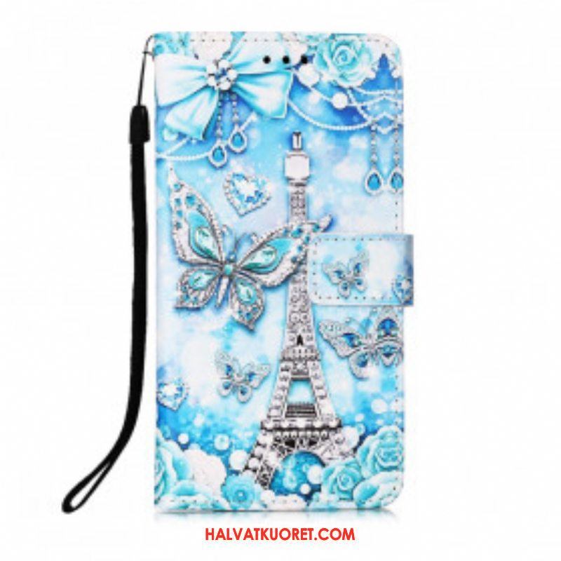 Flip Case Samsung Galaxy M12 / A12 Suojaketju Kuori Eiffel-tornin Perhoshihna