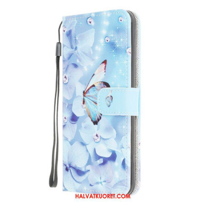 Flip Case Samsung Galaxy M12 / A12 Suojaketju Kuori Strappy Diamond Perhoset