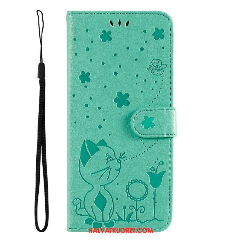 Flip Case Samsung Galaxy S23 5G Suojaketju Kuori Strappy Kissa Ja Mehiläiset