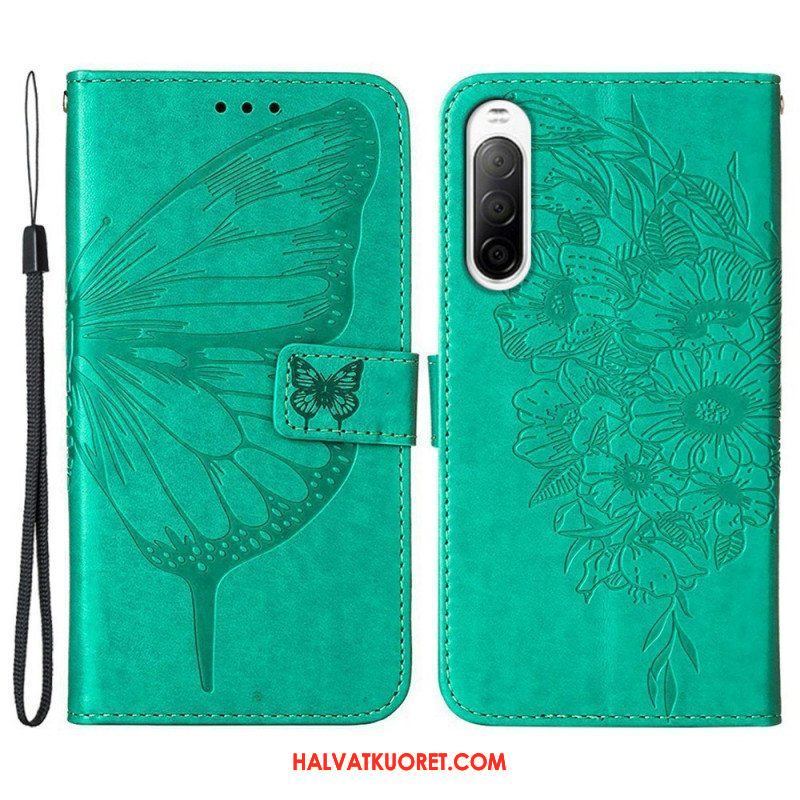 Flip Case Sony Xperia 10 IV Perhonen Kaulanauhalla