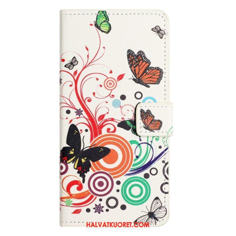 Flip Case iPhone 14 Pro Mustavalkoisia Perhosia