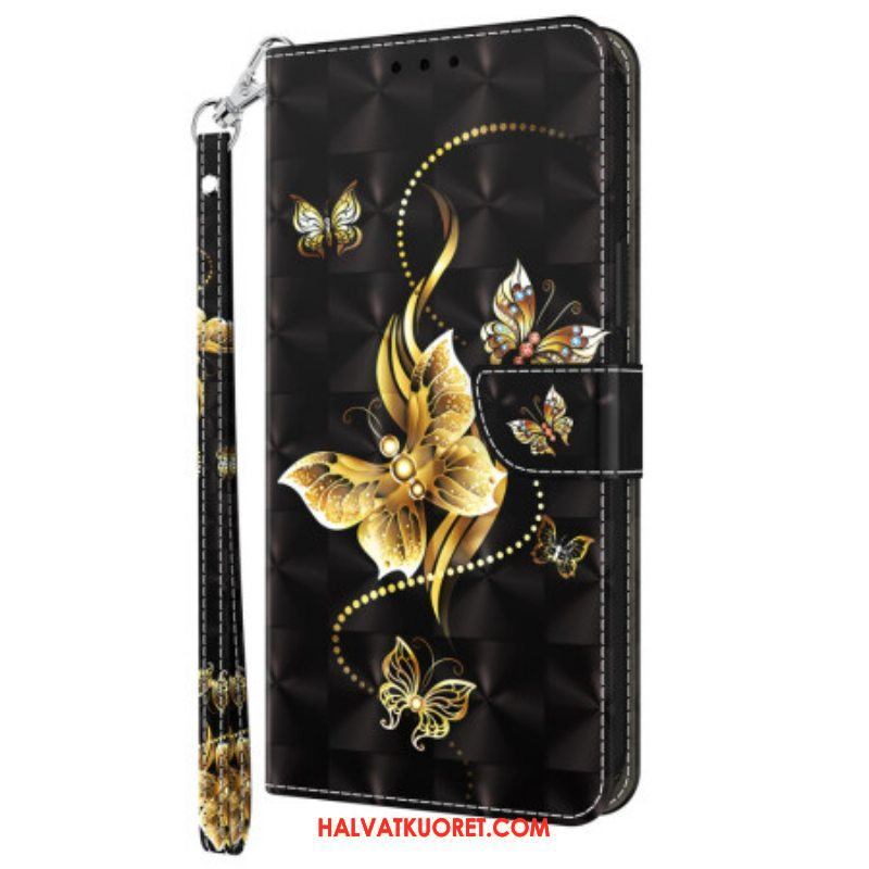 Kotelot iPhone 15 Pro Suojaketju Kuori Kultaiset Perhoset Hihnalla