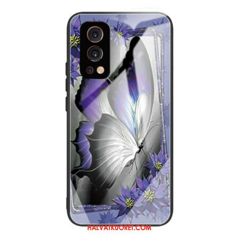 Kuori OnePlus Nord 2 5G Purple Butterfly Karkaistu Lasi