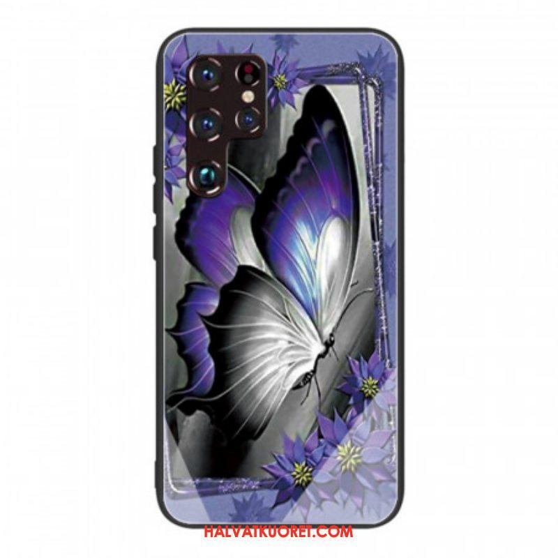 Kuori Samsung Galaxy S22 Ultra 5G Purple Butterfly Karkaistu Lasi