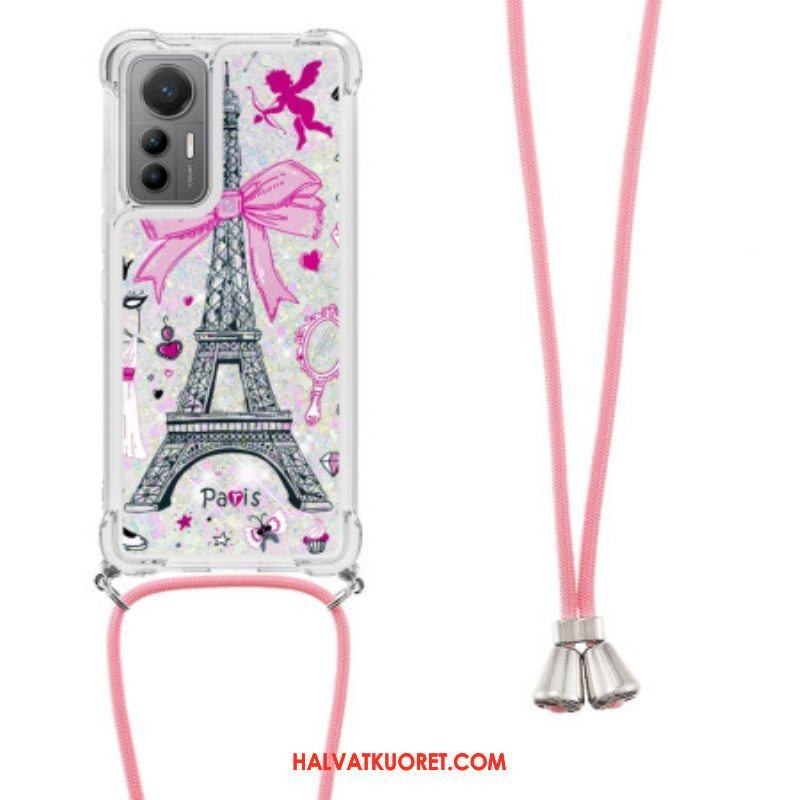 Kuori Xiaomi 12 Lite Kiristysnyörillä Eiffel-tornin Kimaltava Kiristysnyöri