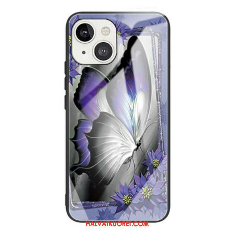 Kuori iPhone 13 Mini Purple Butterfly Karkaistu Lasi