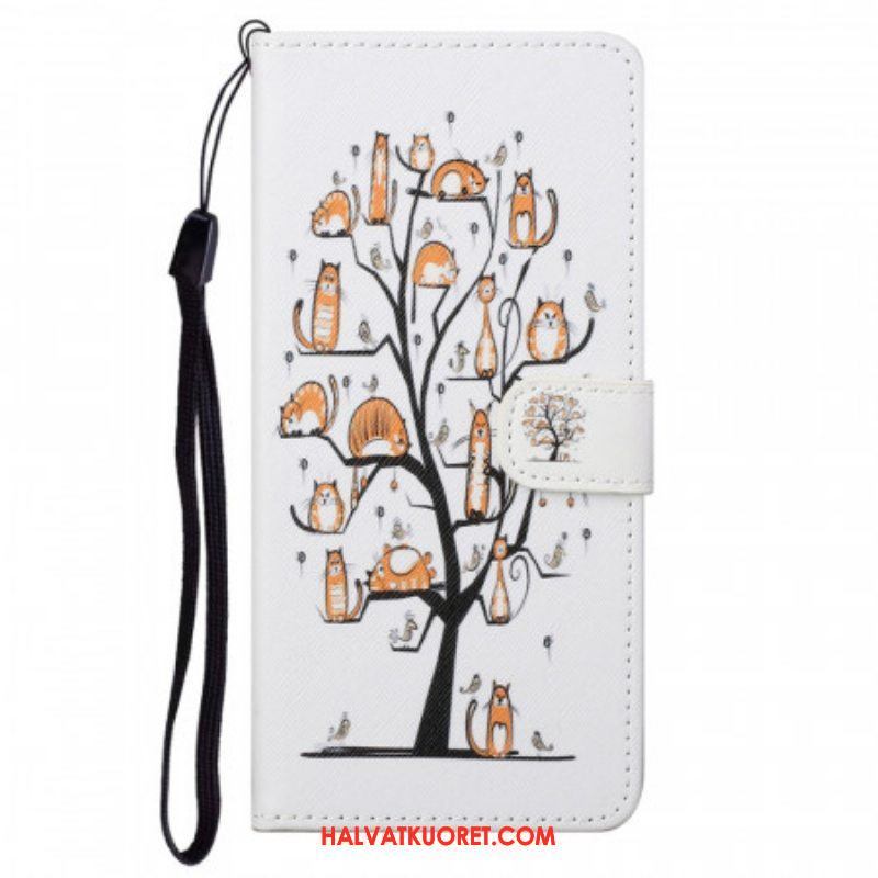 Nahkakotelo Moto G71 5G Suojaketju Kuori Funky Cats Hihnalla