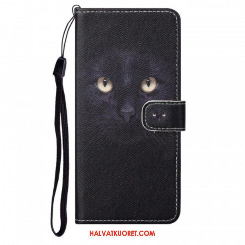 Nahkakotelo Moto G71 5G Suojaketju Kuori Strappy Black Cat Eyes