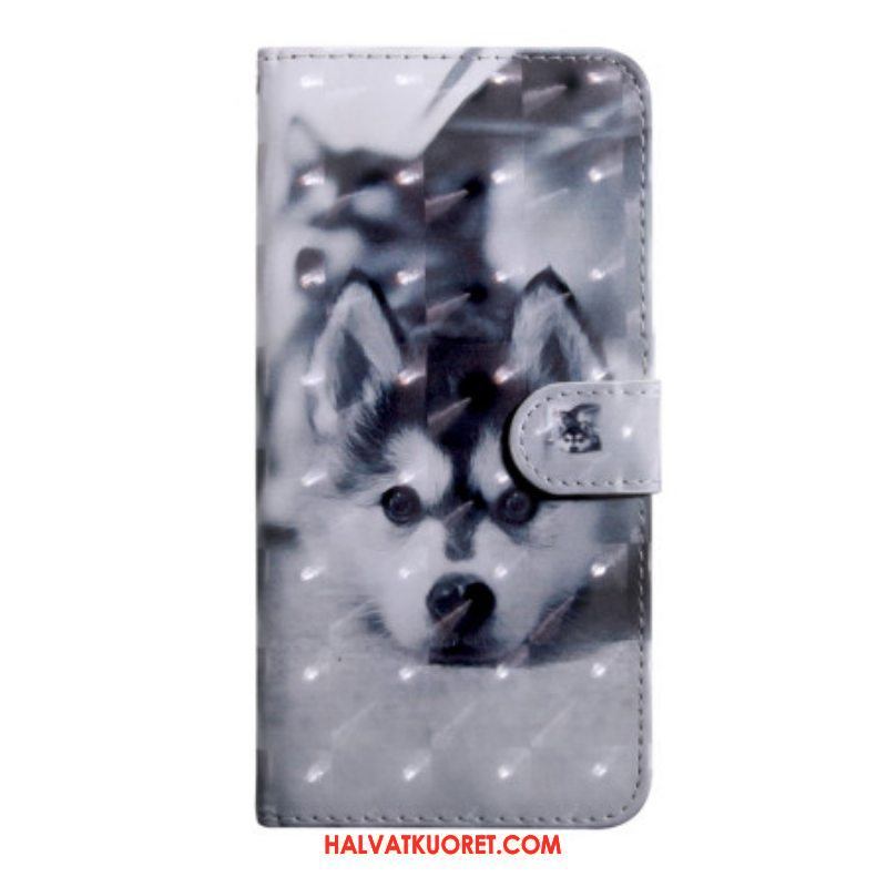Nahkakotelo Oppo A54 5G / A74 5G Husky-koira Kaulanauhalla