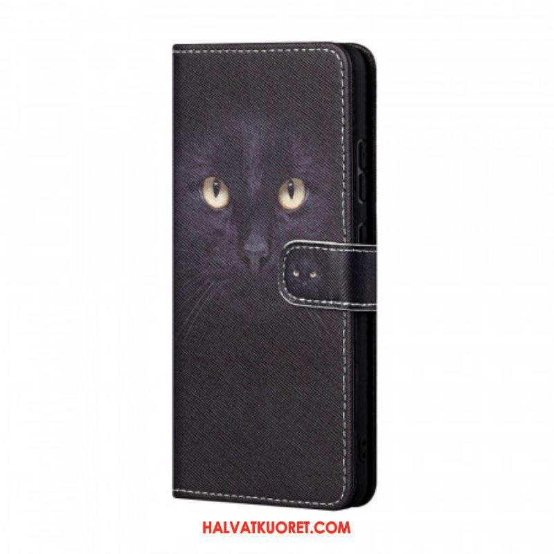 Nahkakotelo Samsung Galaxy A13 5G / A04s Suojaketju Kuori Strappy Black Cat Eyes