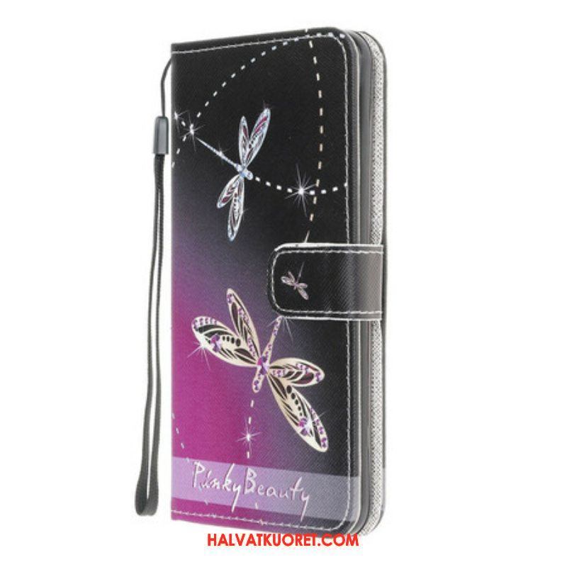Nahkakotelo Samsung Galaxy A42 5G Suojaketju Kuori Strappy Dragonflies