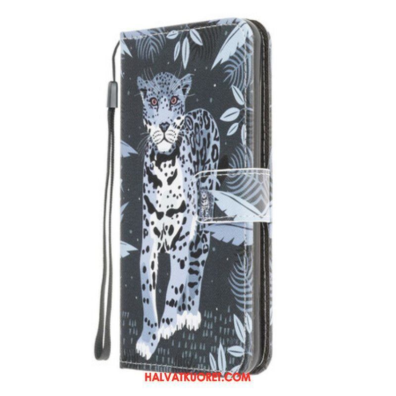 Nahkakotelo Samsung Galaxy A42 5G Suojaketju Kuori Strappy Leopard