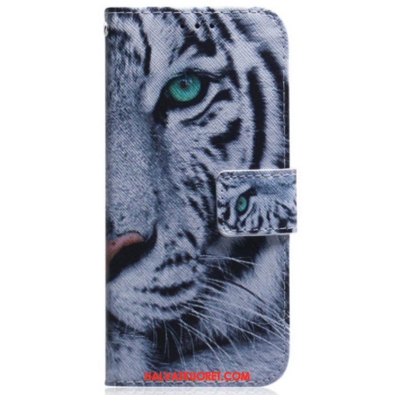 Nahkakotelo Samsung Galaxy A54 5G Suojaketju Kuori Strappy White Tiger