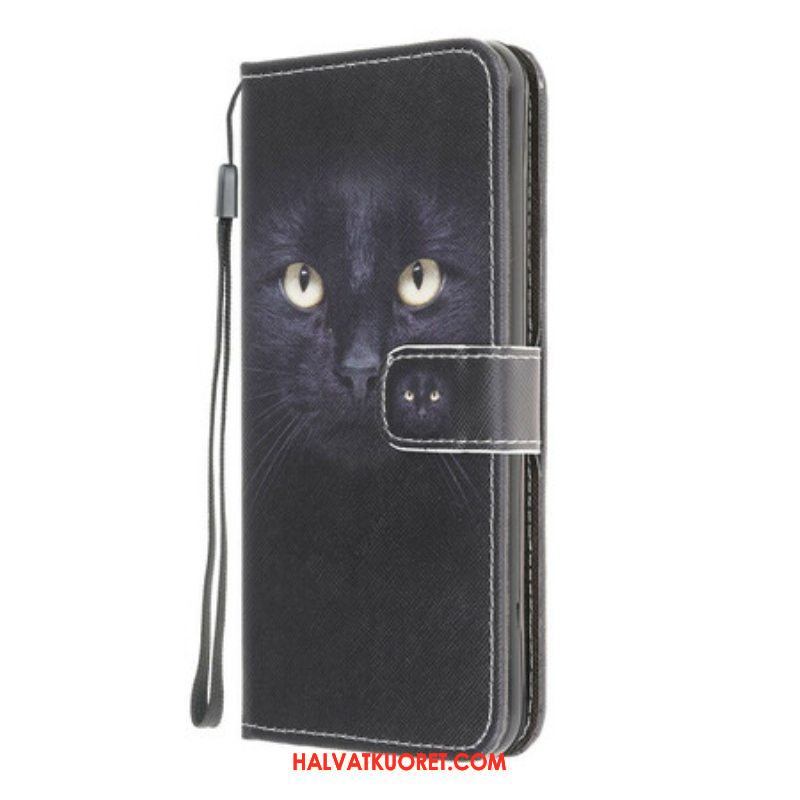 Nahkakotelo Samsung Galaxy M12 / A12 Suojaketju Kuori Strappy Black Cat Eyes