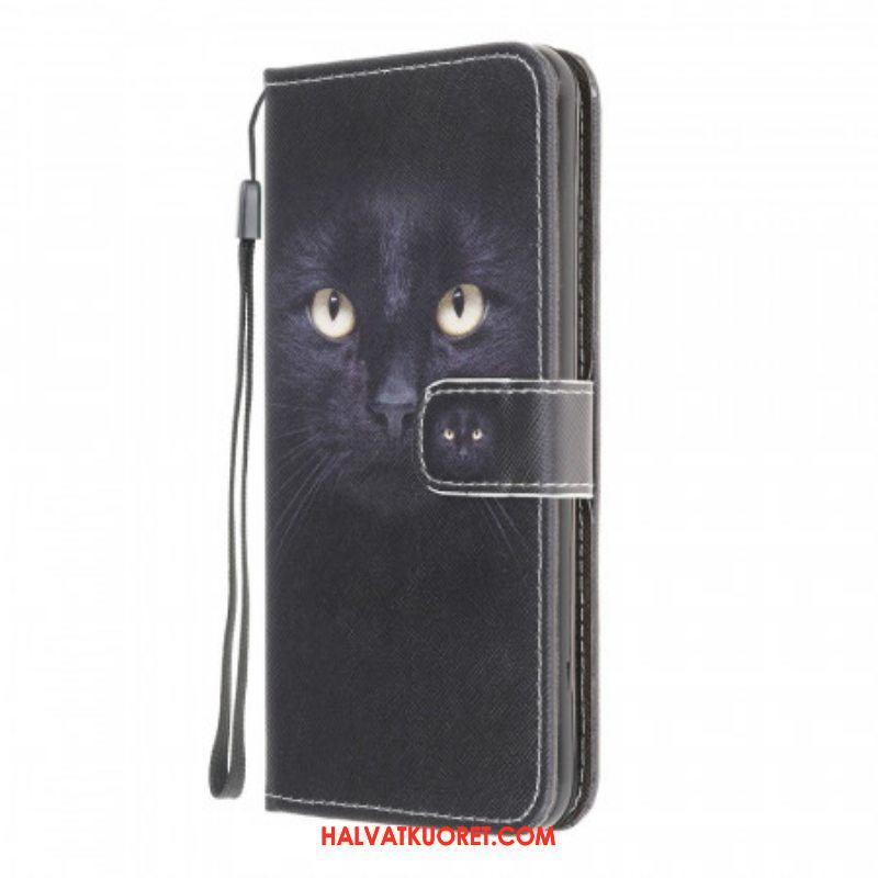 Nahkakotelo Samsung Galaxy M32 Suojaketju Kuori Strappy Black Cat Eyes