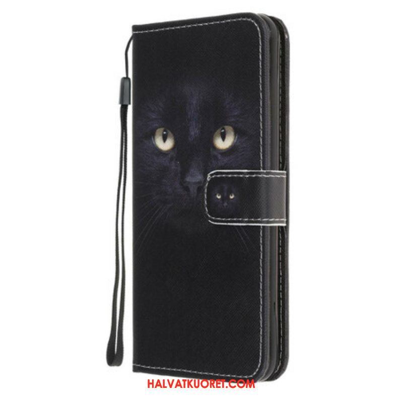 Nahkakotelo iPhone 13 Pro Suojaketju Kuori Strappy Black Cat Eyes