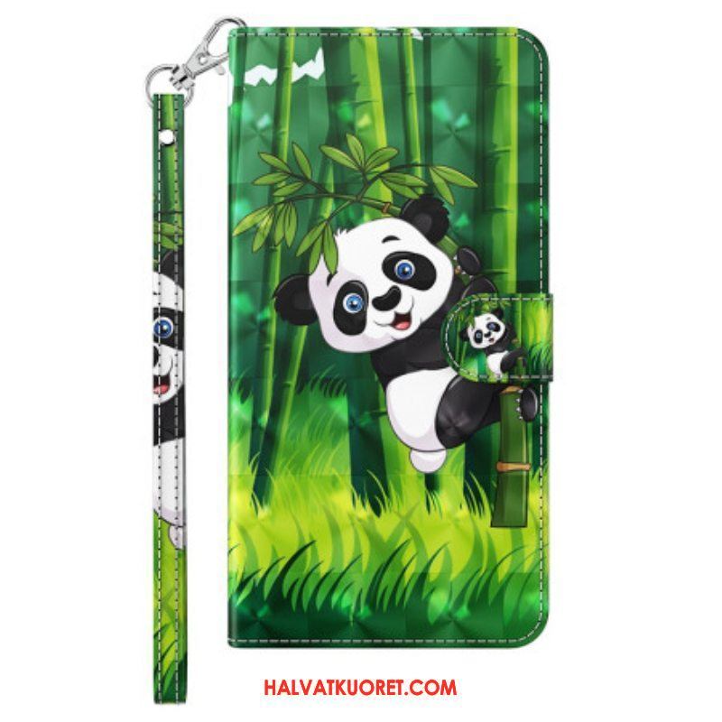 Nahkakotelo iPhone 15 Pro Suojaketju Kuori 3d Bamboo Panda Hihnalla