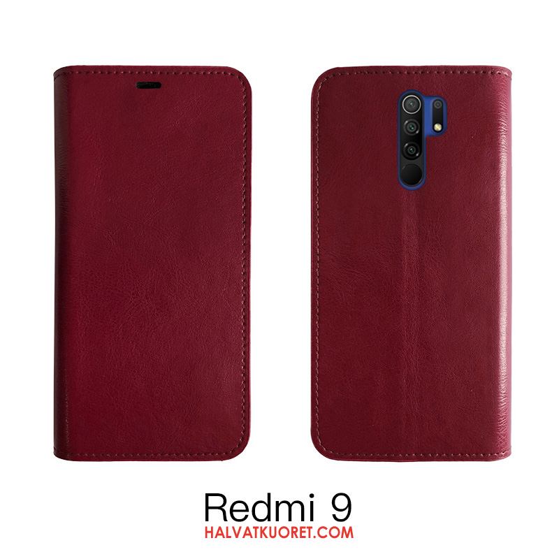 Redmi 9 Kuoret Kotelo Punainen Nahka, Redmi 9 Kuori Viini Punainen Lehmä Beige